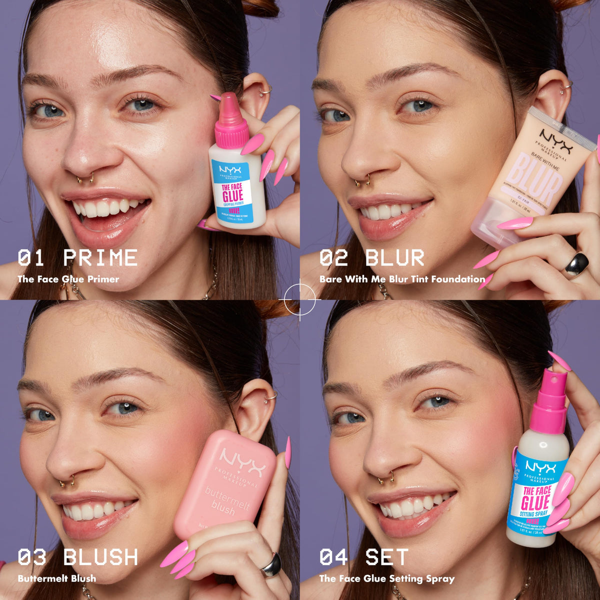 NYX Face Glue beside makeup kit flatlay showing compatibility with other products