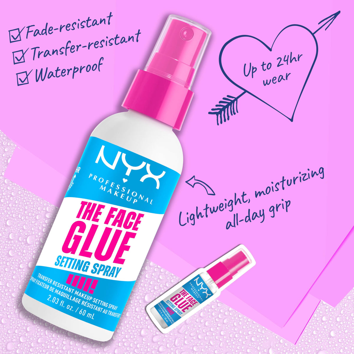 NYX Face Glue misting from bottle demonstrating even spray for long wear