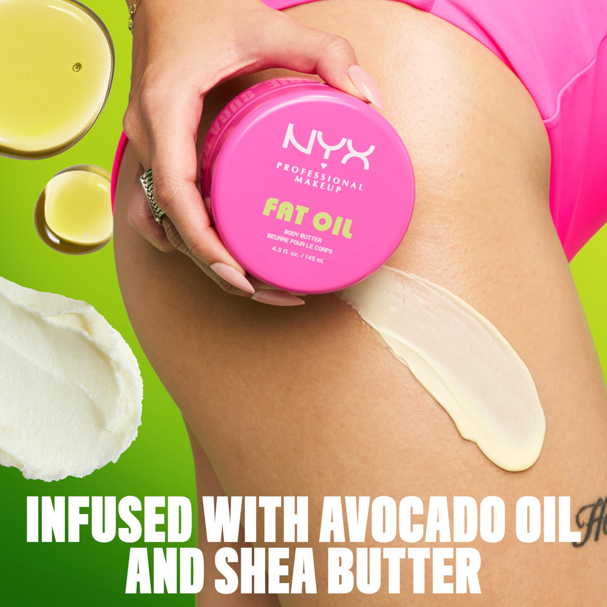 NYX Fat Oil glossy shine on leg close-up showing dewy, bouncy skin