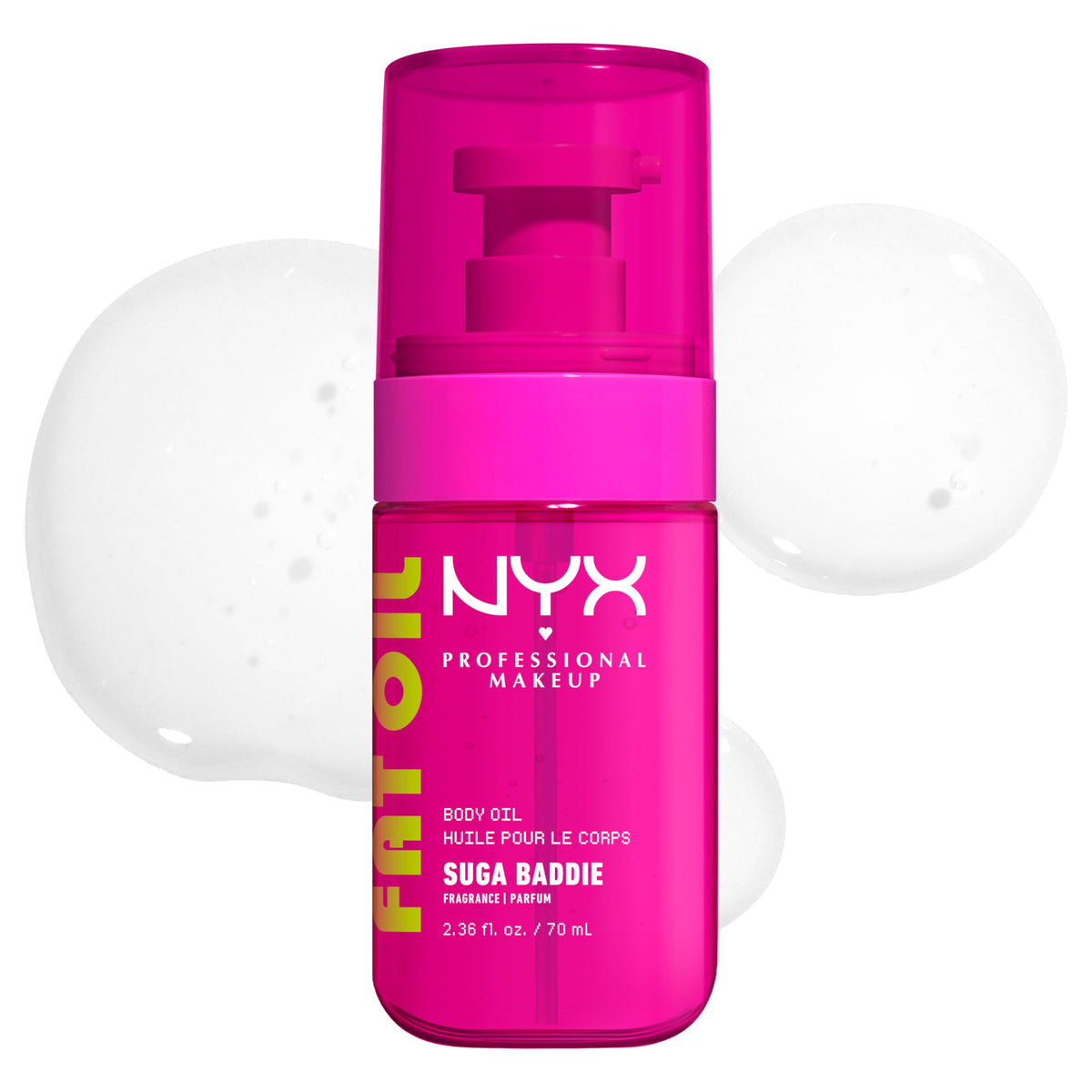 NYX Fat Oil bottle front view showing glossy vanilla finish and hydration benefit