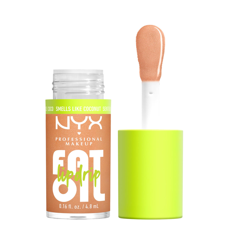 NYX PROFESSIONAL MAKEUP front packaging of Fat Oil Lip Drip showing shade Coconut Cutie and glossy finish