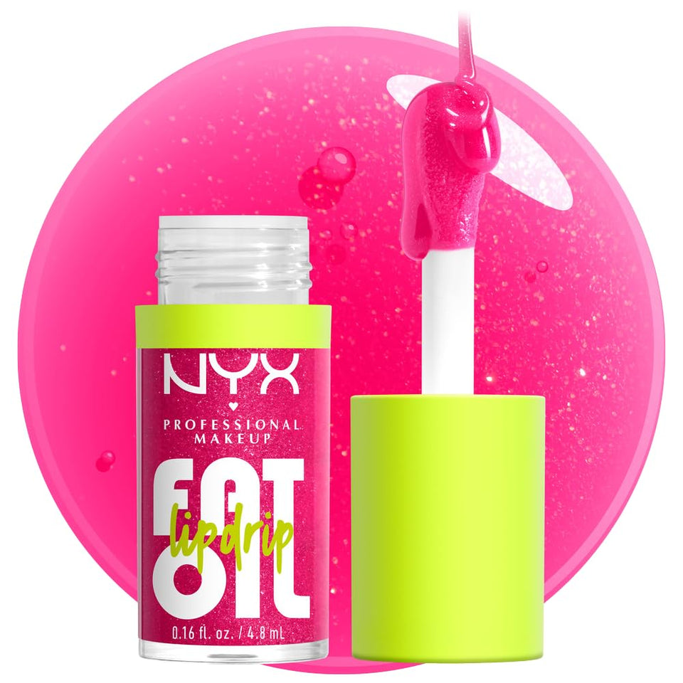 NYX PROFESSIONAL MAKEUP front packaging of Fat Oil Lip Drip shows shade and glossy finish benefit