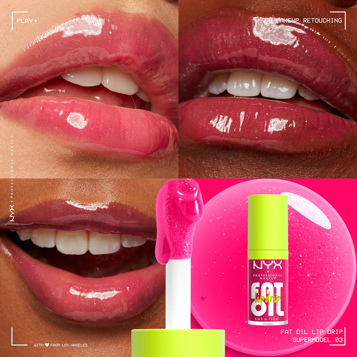 NYX PROFESSIONAL MAKEUP close-up texture of lip oil revealing non-sticky glossy surface benefit