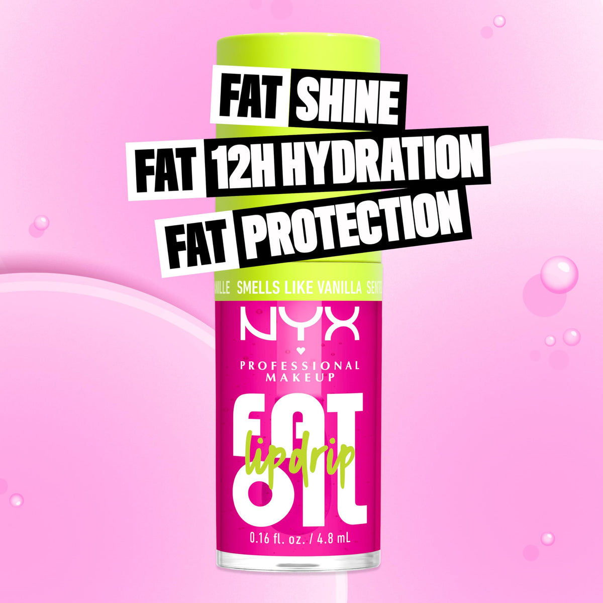 NYX Fat Oil texture swirl highlighting glossy, non-sticky formula and shine