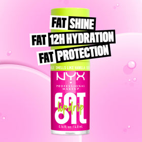 NYX Fat Oil texture swirl highlighting glossy, non-sticky formula and shine