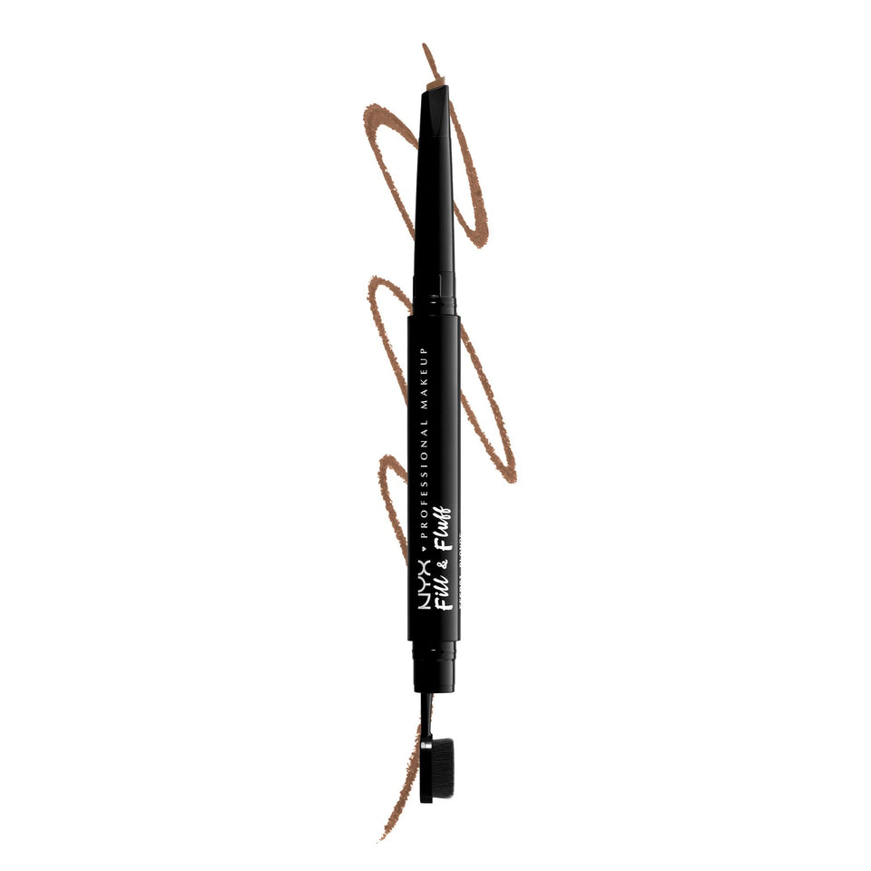 NYX PROFESSIONAL MAKEUP front packaging of Fill & Fluff, clear label and Taupe shade benefit convenience