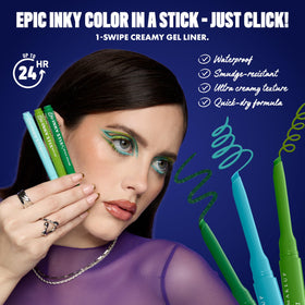 NYX PROFESSIONAL MAKEUP eyeliner creating a wing to show sharp, long-lasting definition benefit