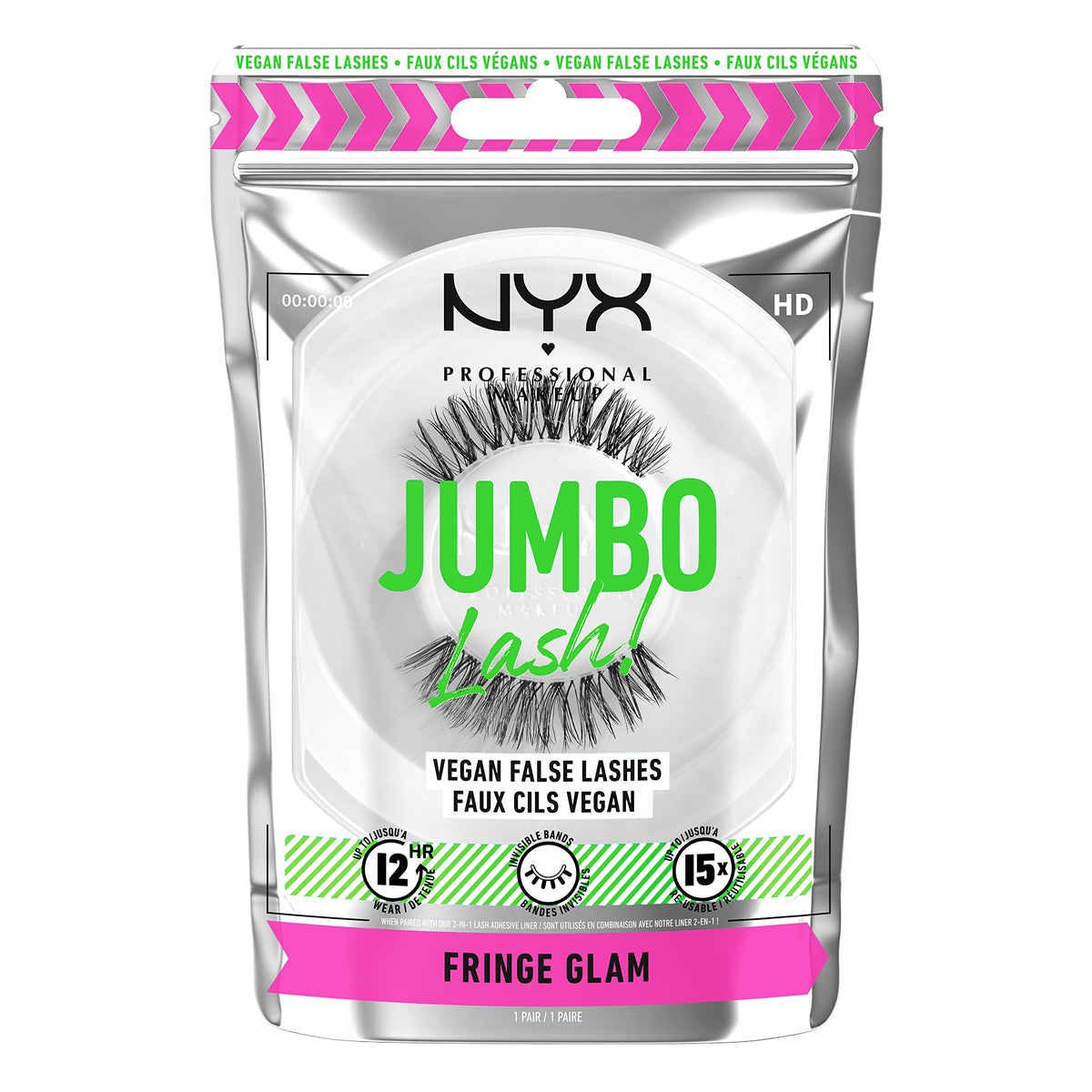 NYX PROFESSIONAL MAKEUP front packaging shows Fringe Glam lashes and easy-open tray benefit