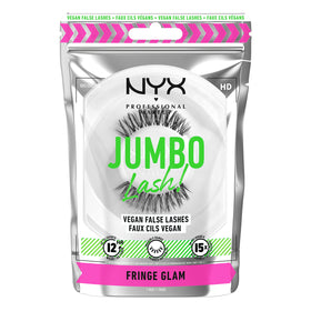 NYX PROFESSIONAL MAKEUP front packaging shows Fringe Glam lashes and easy-open tray benefit