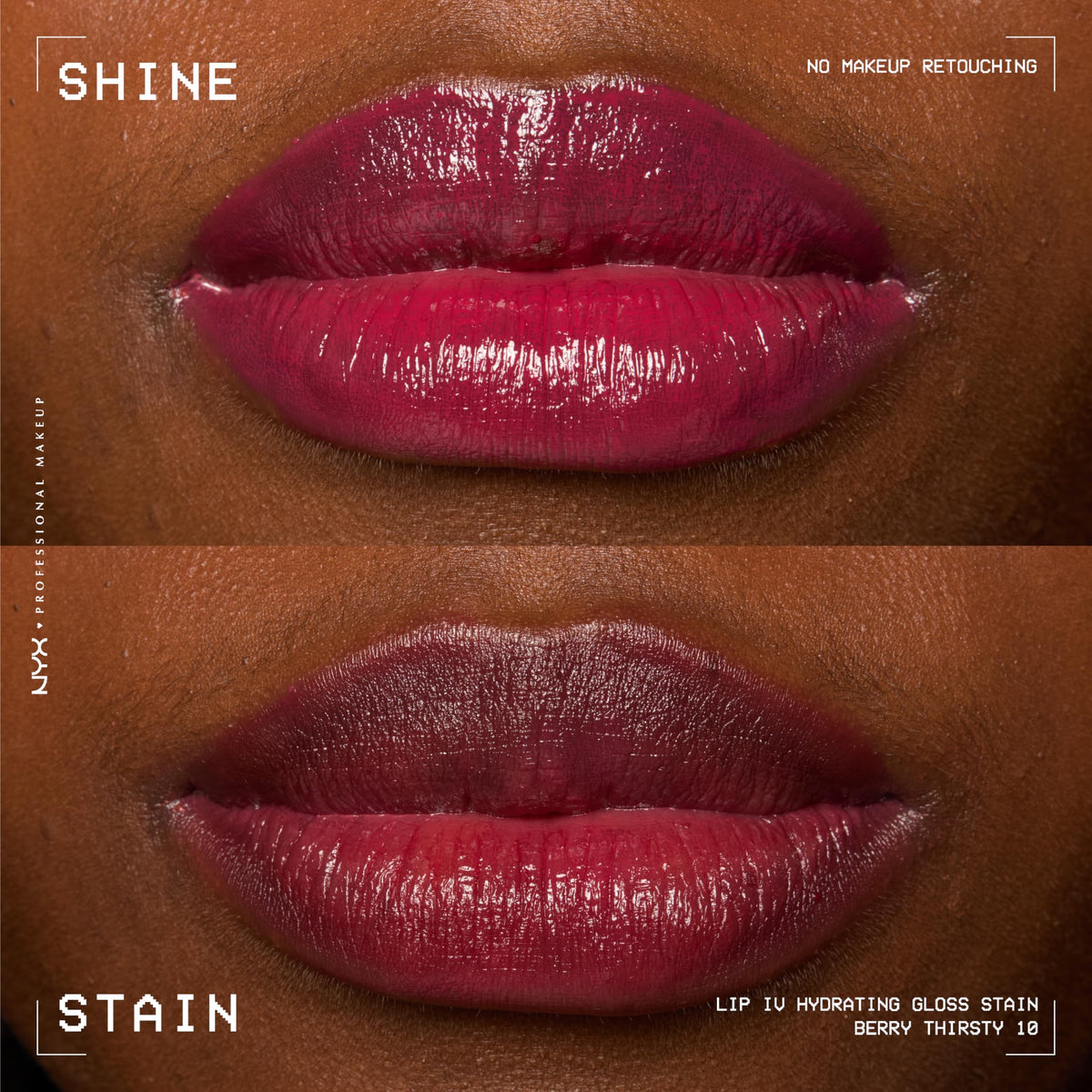 NYX Lip IV Berry Thirsty applied on lips demonstrating vibrant red gloss and natural stain effect