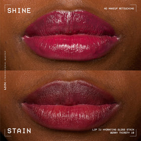 NYX Lip IV Berry Thirsty applied on lips demonstrating vibrant red gloss and natural stain effect