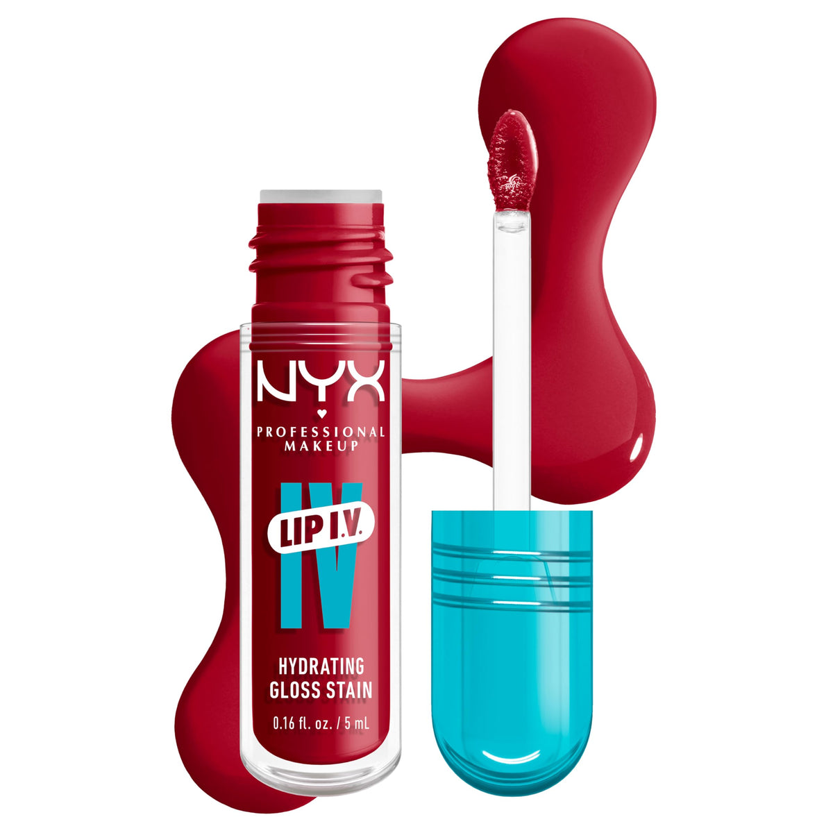 NYX lip IV front packaging showing bold red shade and glossy finish benefit