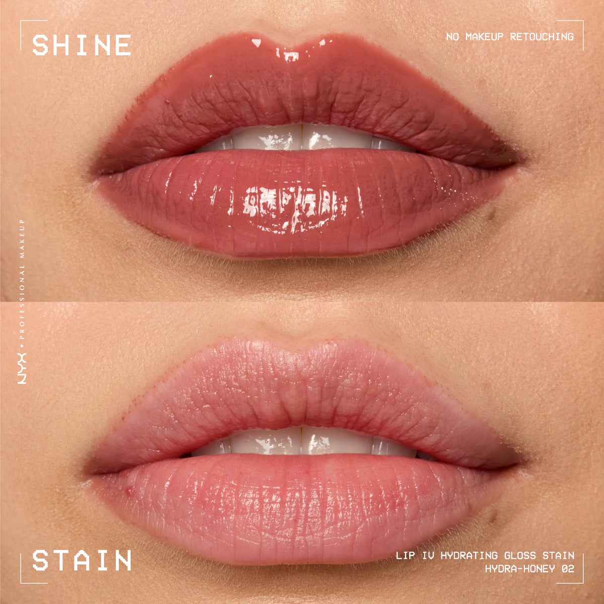 NYX PROFESSIONAL MAKEUP Hydra Honey applied on model lips showing natural warm brown benefit