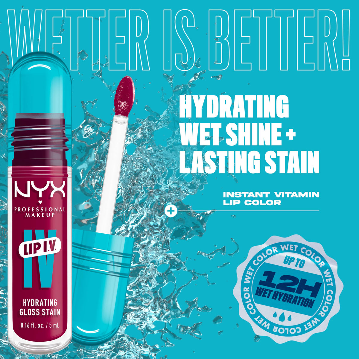 NYX Professional Makeup texture swipe showing wet shine and buildable berry color