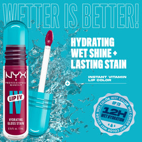 NYX Professional Makeup texture swipe showing wet shine and buildable berry color
