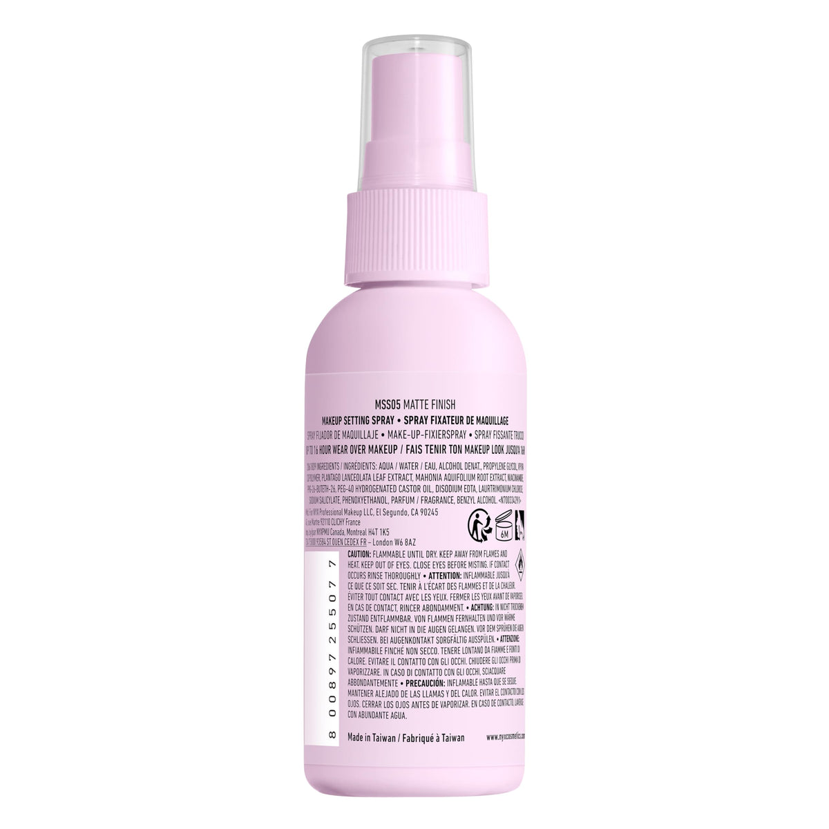 NYX PROFESSIONAL MAKEUP spray inside makeup bag showing on-the-go touch-up convenience