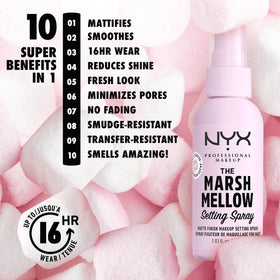NYX PROFESSIONAL MAKEUP fine mist close-up demonstrating even spray and lightweight feel