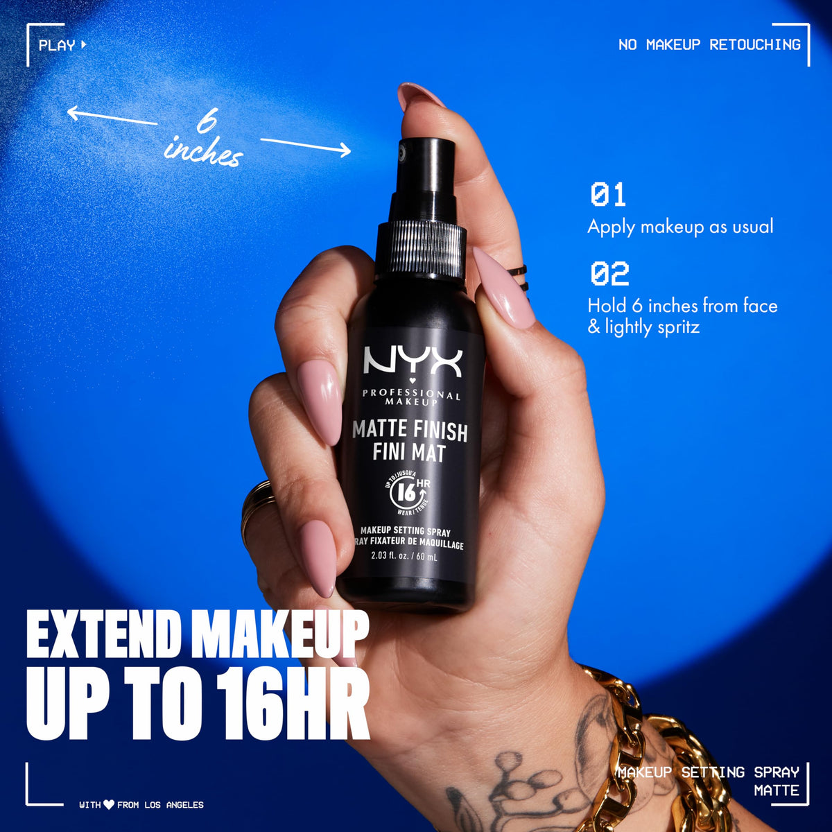 NYX PROFESSIONAL MAKEUP bottle in hand showing travel-friendly size