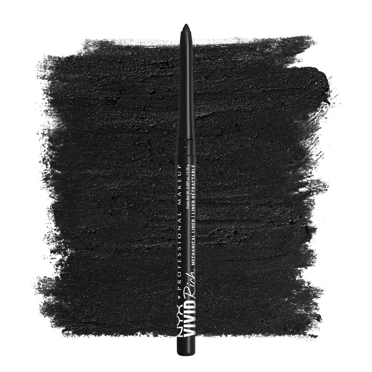 NYX PROFESSIONAL MAKEUP front view of Always Onyx pencil showing sleek packaging and bold black
