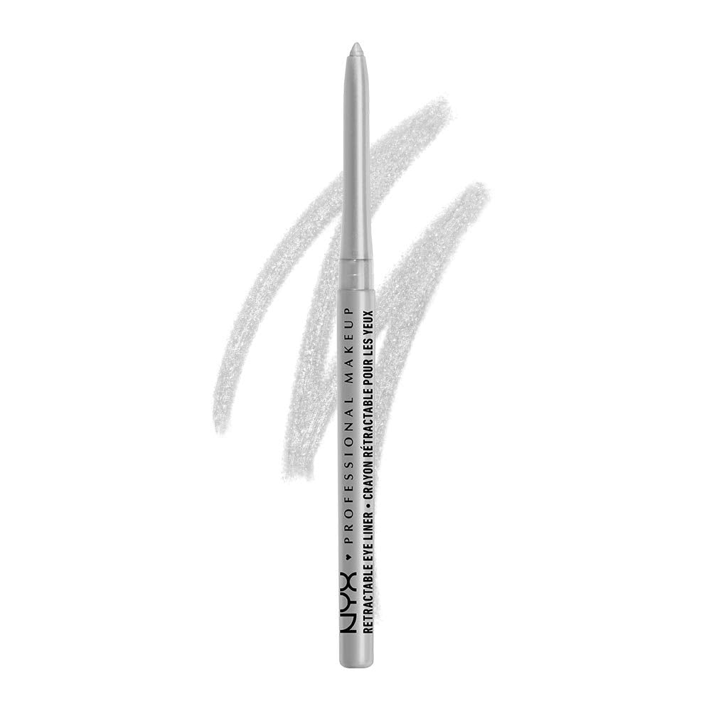 NYX PROFESSIONAL MAKEUP front view of silver mechanical eyeliner showing sleek packaging and portability benefit