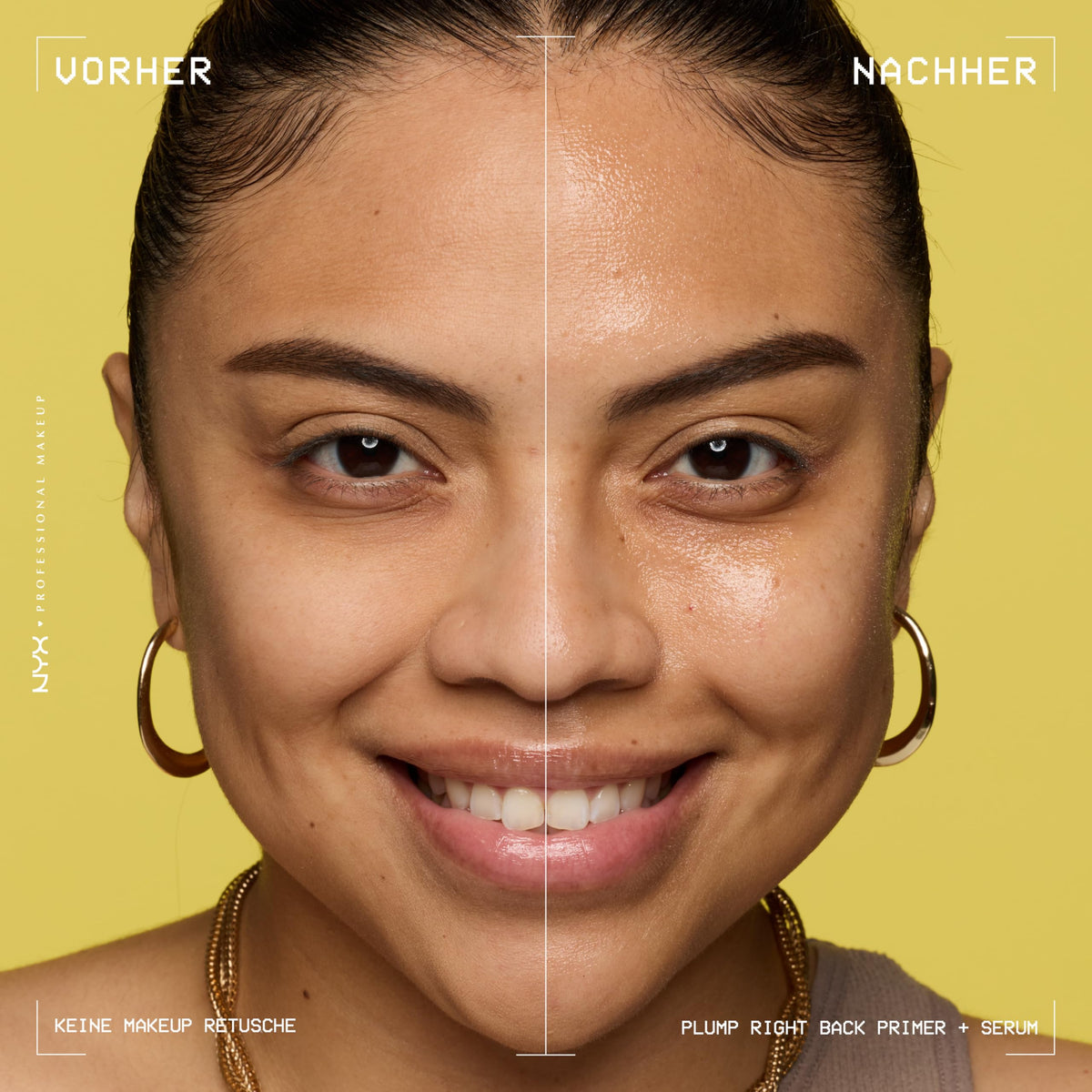 NYX Professional Makeup split-face before and after showing smoother makeup application