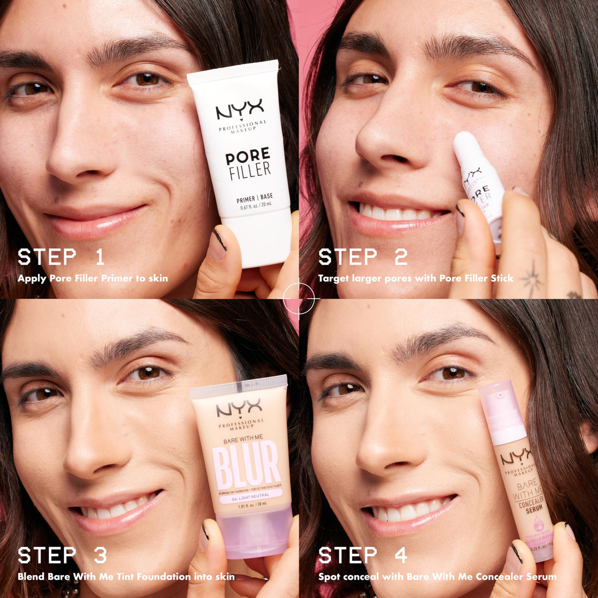 NYX PROFESSIONAL MAKEUP before and after face comparison demonstrating visible pore reduction