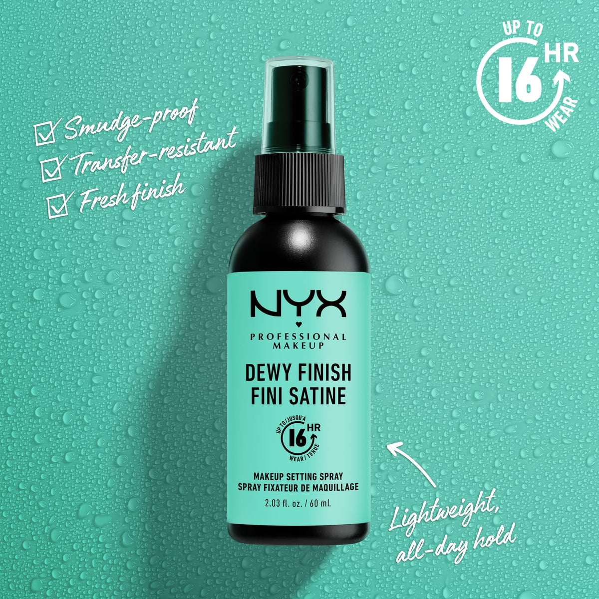 NYX PROFESSIONAL MAKEUP spray in hand illustrating easy application and portability