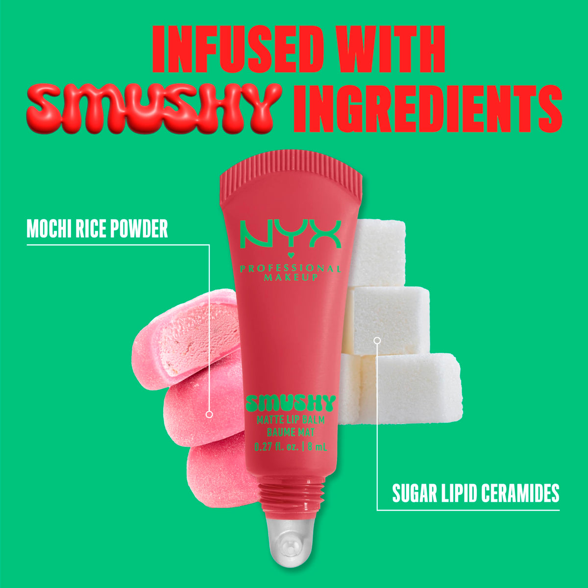 NYX Smushy Matte ingredient shot with mochi rice powder showing blurring benefit