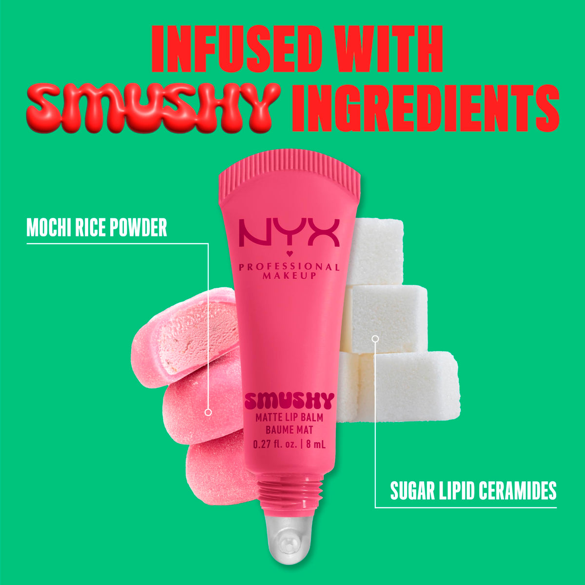 NYX Smushy Matte flatlay with ingredients illustrating mochi rice powder and hydrating benefit