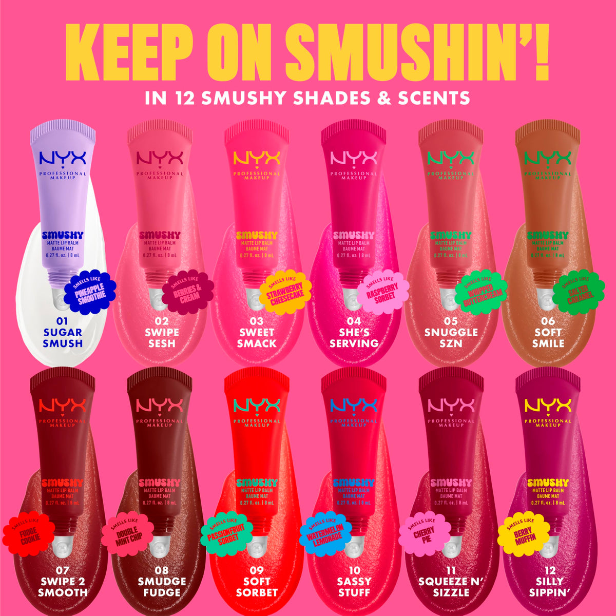 NYX Smushy Matte shade label closeup showing Snuggle SZN identification and accuracy