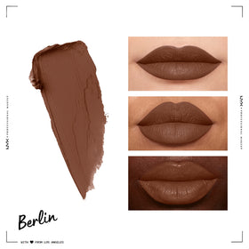 NYX PROFESSIONAL MAKEUP applying Berlin on lips demonstrating even matte finish and flattering color