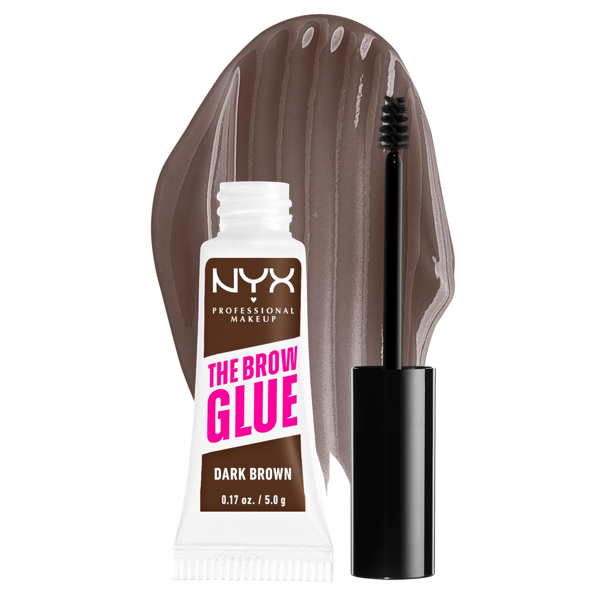 NYX PROFESSIONAL MAKEUP front packaging showing Dark Brown gel and branding benefit: clear hold