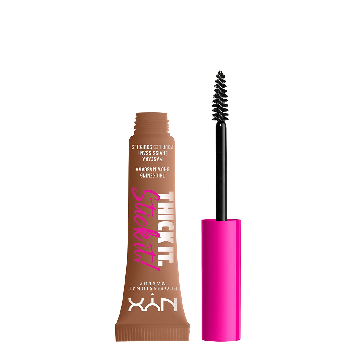 NYX PROFESSIONAL MAKEUP front packaging of Auburn brow mascara shows shade and benefit