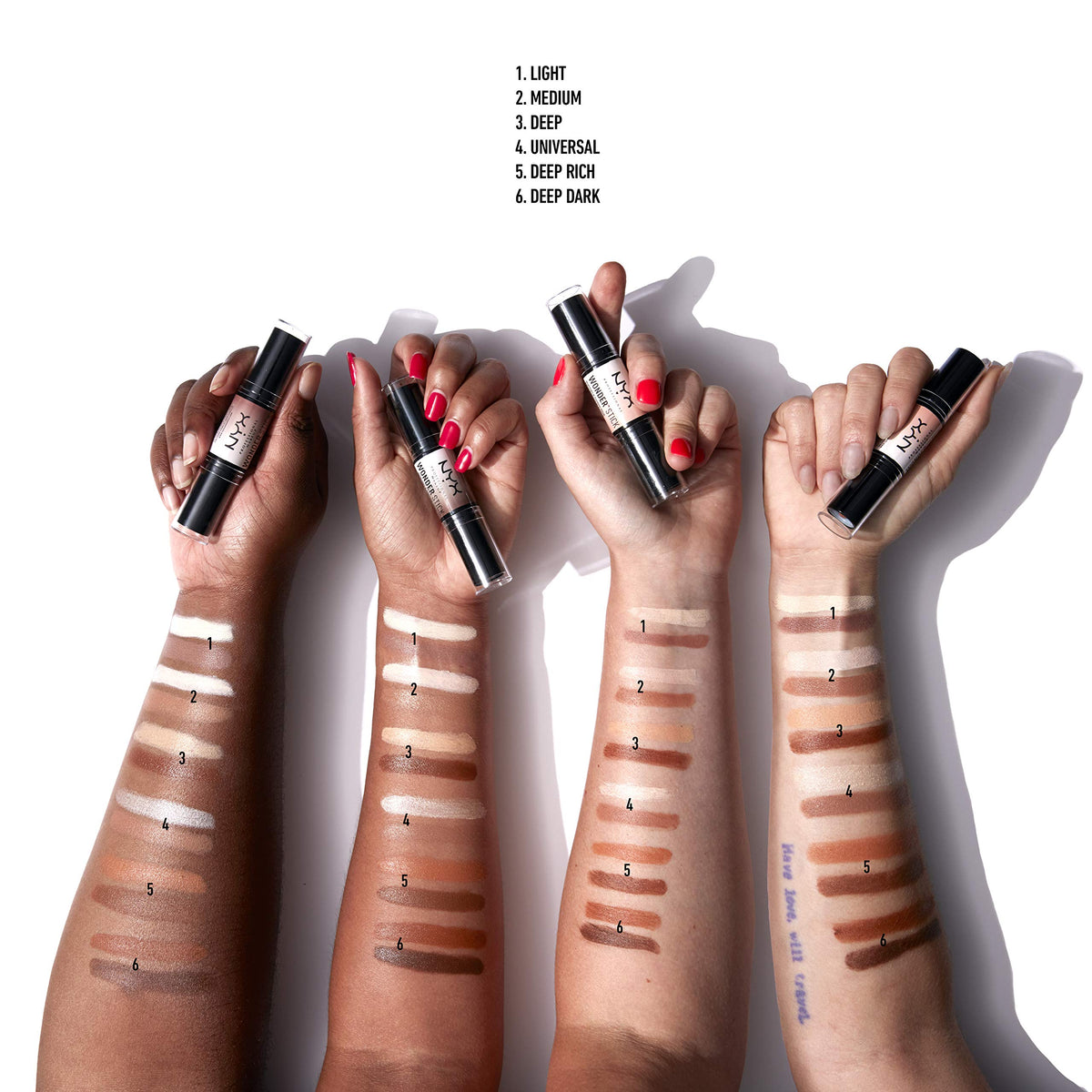 NYX PROFESSIONAL MAKEUP Wonder Stick swatches on wrist showing color payoff and buildable coverage