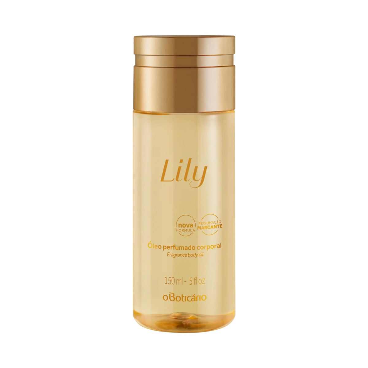 O BOTICARIO front bottle view showing lily-scented body oil and elegant packaging benefit: gift-ready presentation