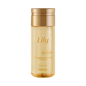 O BOTICARIO front bottle view showing lily-scented body oil and elegant packaging benefit: gift-ready presentation