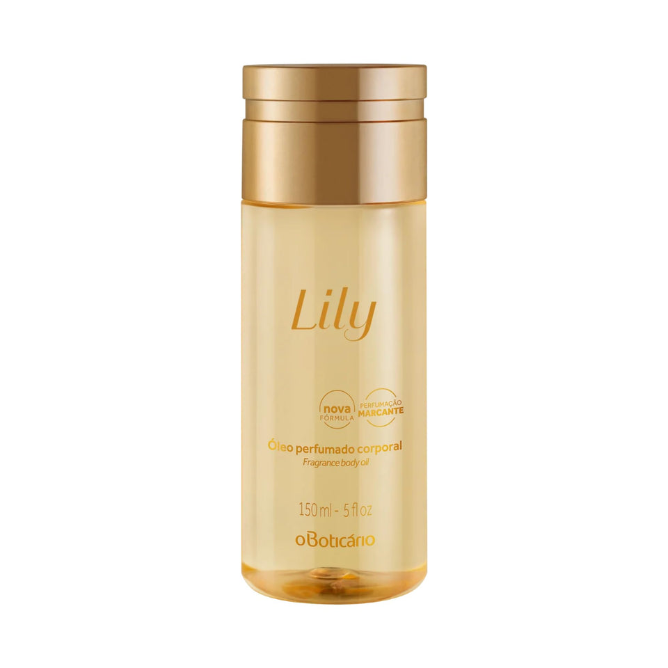 O BOTICARIO front bottle view showing lily-scented body oil and elegant packaging benefit: gift-ready presentation