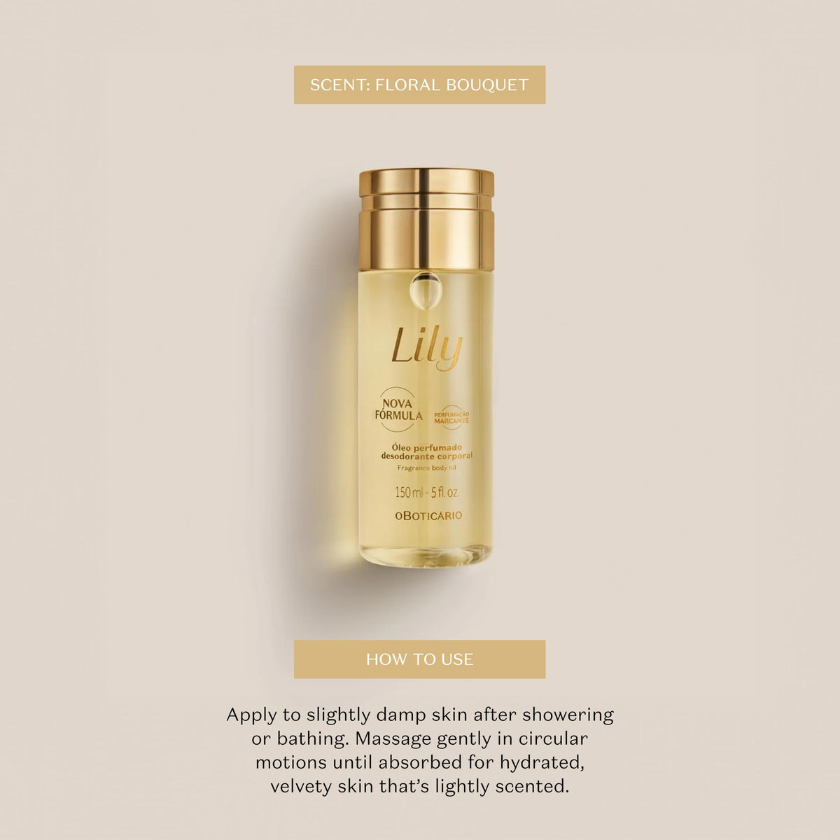 O BOTICARIO oil texture on skin drop demonstrating lightweight absorption and smooth finish benefit: non-greasy hydration