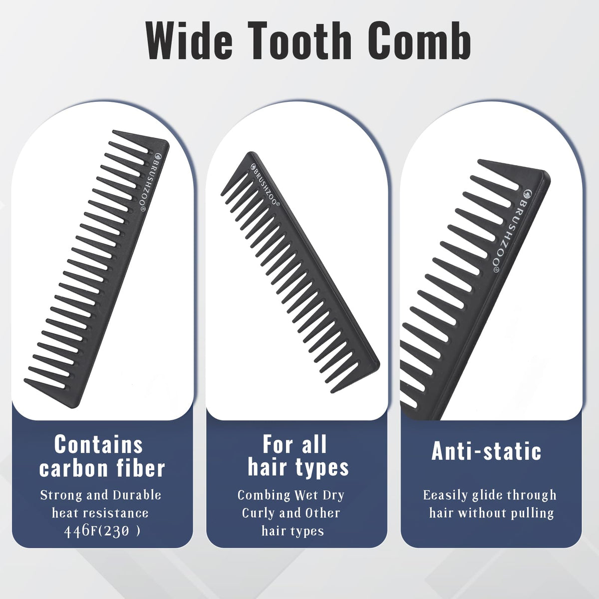 O BRUSHZOO wide-tooth comb on surface showing carbon fiber strength and anti-static benefit