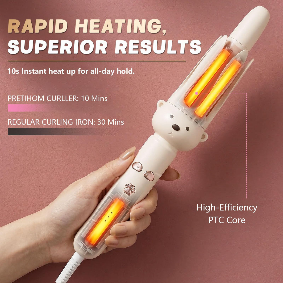 O-CONN PretiHom curling wand in use creating beach waves on long hair