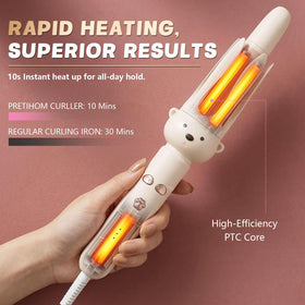 O-CONN PretiHom curling wand in use creating beach waves on long hair
