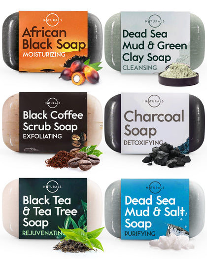 O NATURALS front packaging of six-piece black soap set, perfect gift