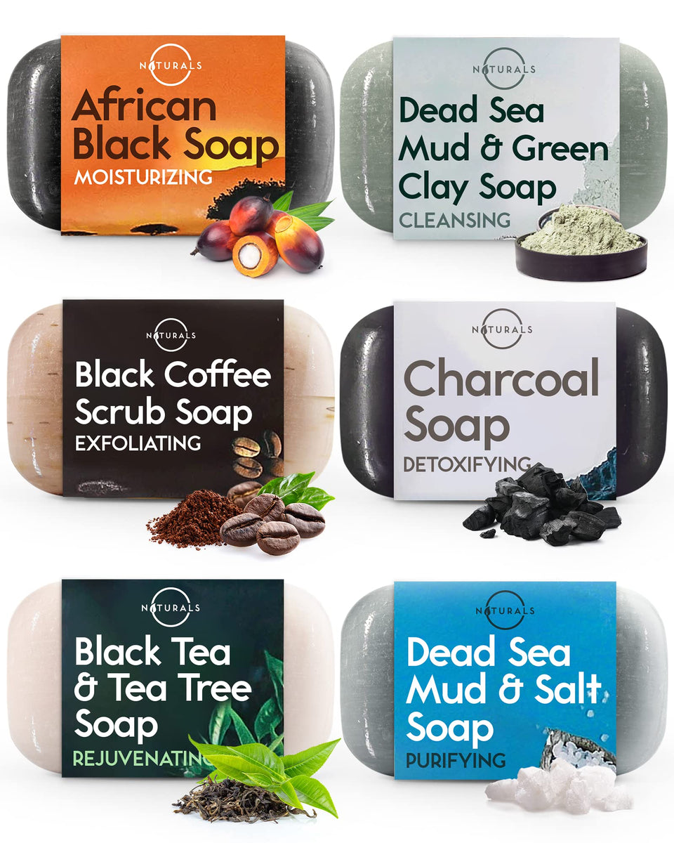 O NATURALS front packaging of six-piece black soap set, perfect gift