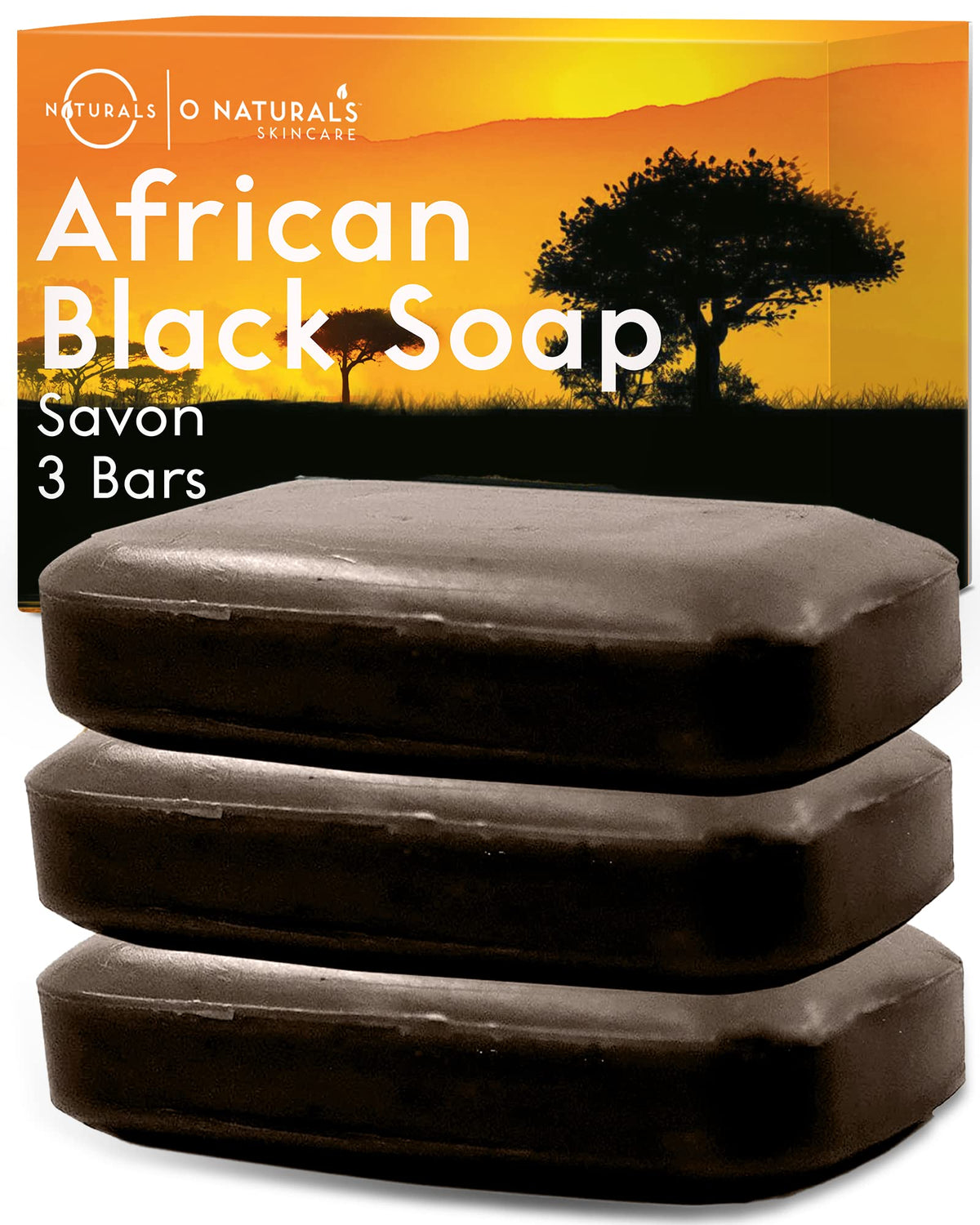 O NATURALS front packaging showing three 4oz soap bars and clear product labeling for easy choice