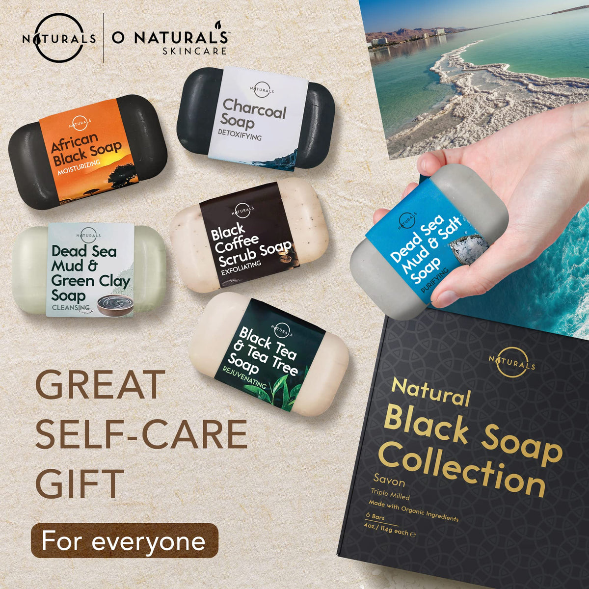 O NATURALS soap bar held in hand for size, shows durable triple-milled quality