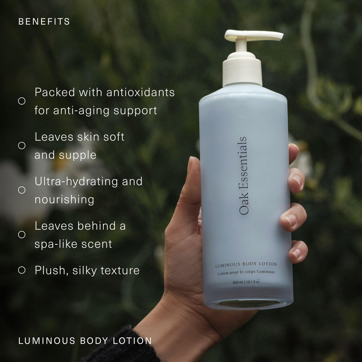 Oak Essentials creamy lotion texture close-up showing fast absorption benefit