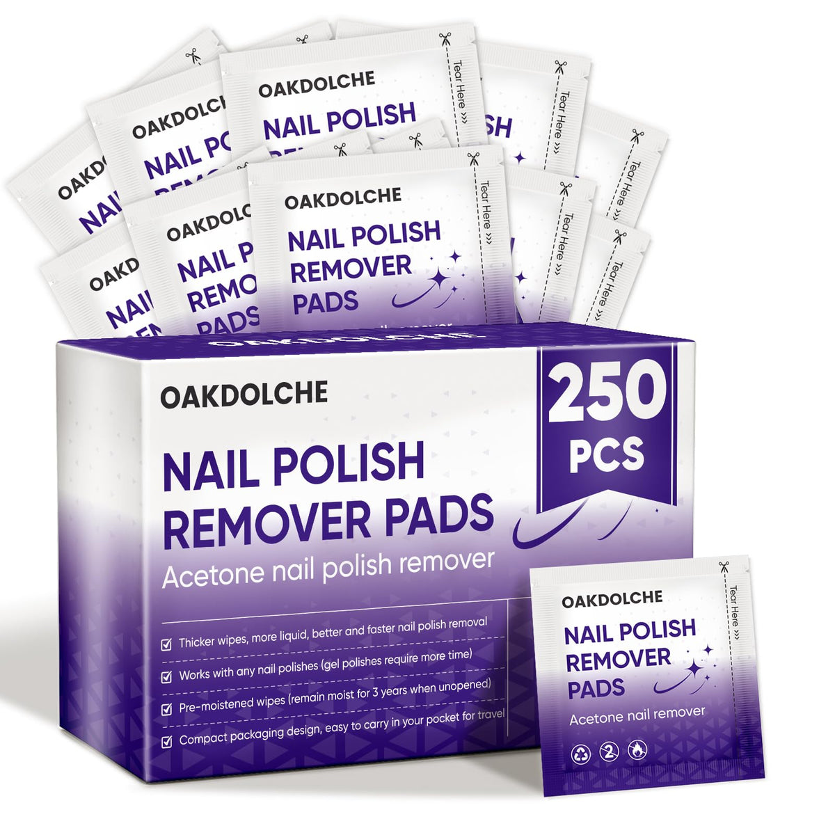 OAKDOLCHE front box showing 250-pack and travel convenience
