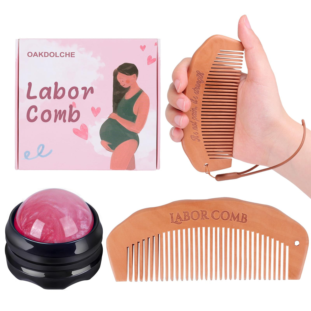 OAKDOLCHE front packaging showing birth comb and roller, convenient comfort kit