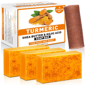 OAKDOLCHE front packaging showing three turmeric soap bars and sponge for convenient cleansing