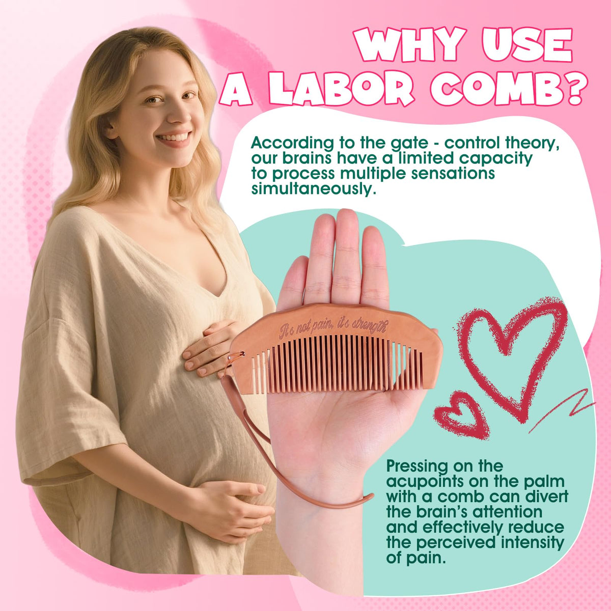 OAKDOLCHE wooden labor comb close-up with engraved words, reassuring tactile support